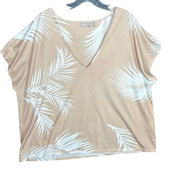 Chicos Palm Leaf VNeck Dolman Sleeve Top Tunic Beige Size XL Resort Tropical - Picture 2 of 9